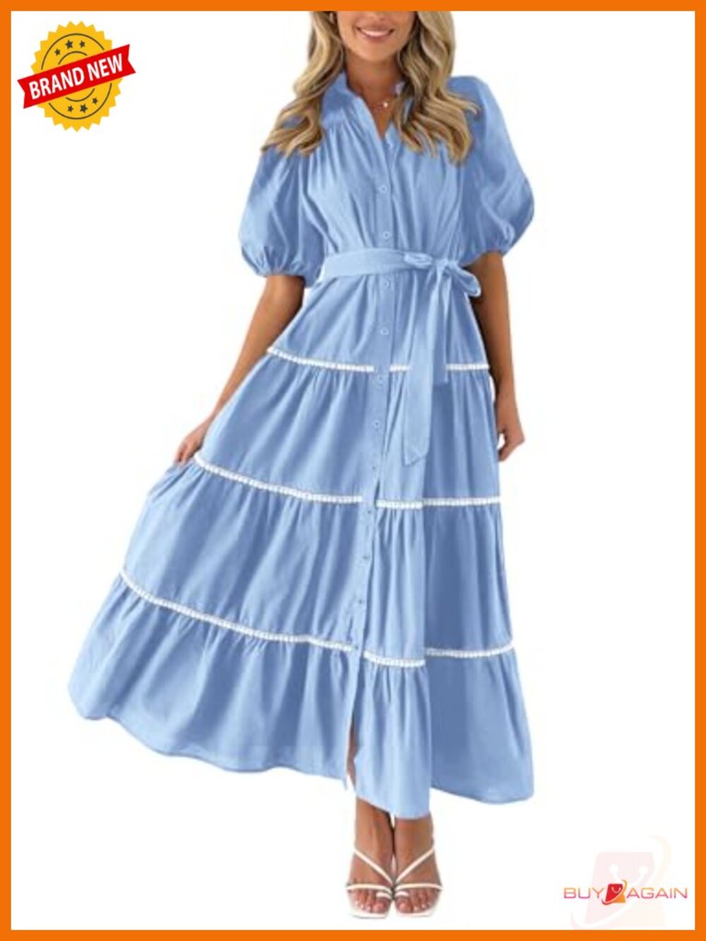 Women's Tiered Maxi Shirt Dress V-Neck Button Down Pockets Flowy Sundress